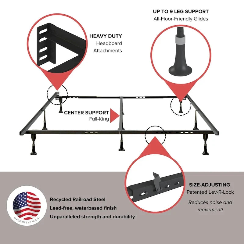Adjustable Metal Bed Frame with Glides - Twin to King