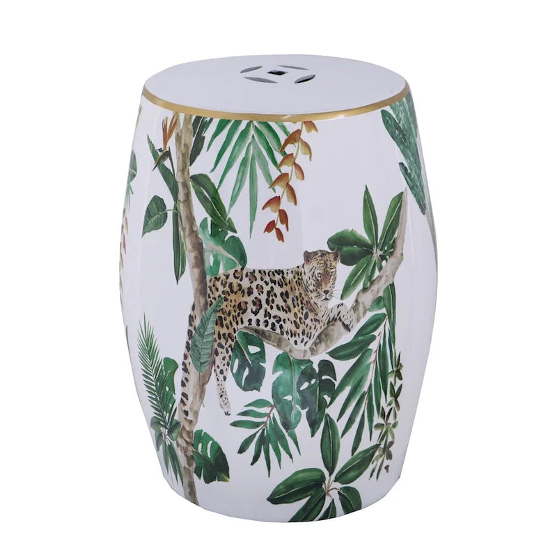 18 Inch Ceramic Accent Table, Drum Shape, Tropical Print, White, Green