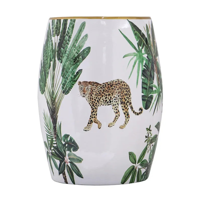 18" Ceramic Drum Accent Table with Tropical Print - White and Green