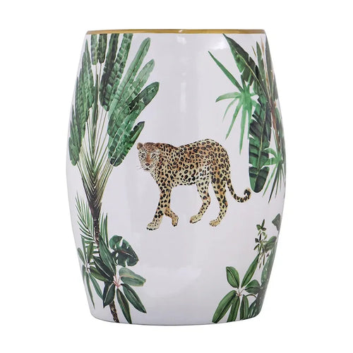 18" Ceramic Drum Accent Table with Tropical Print - White and Green