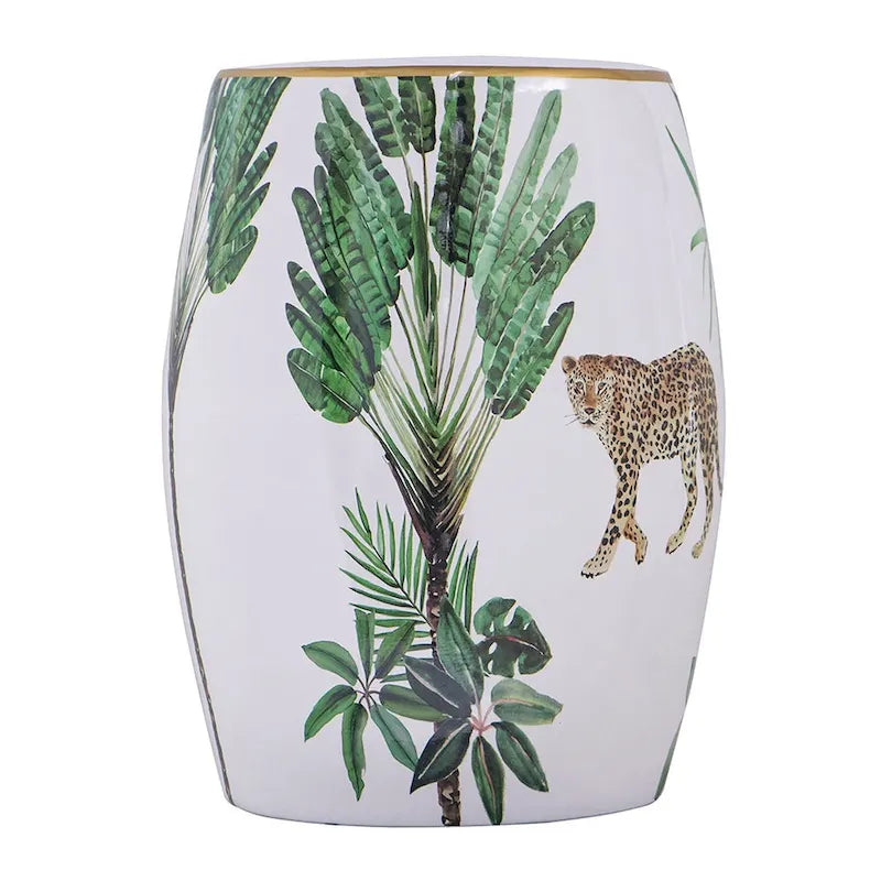 18" Ceramic Drum Accent Table with Tropical Print - White and Green