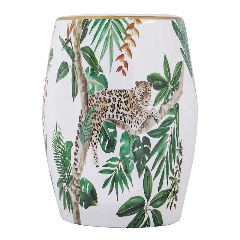 18" Ceramic Drum Accent Table with Tropical Print - White and Green