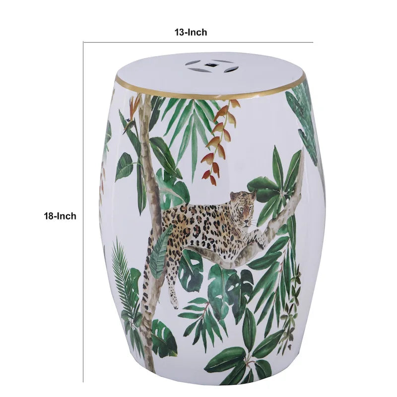 18" Ceramic Drum Accent Table with Tropical Print - White and Green
