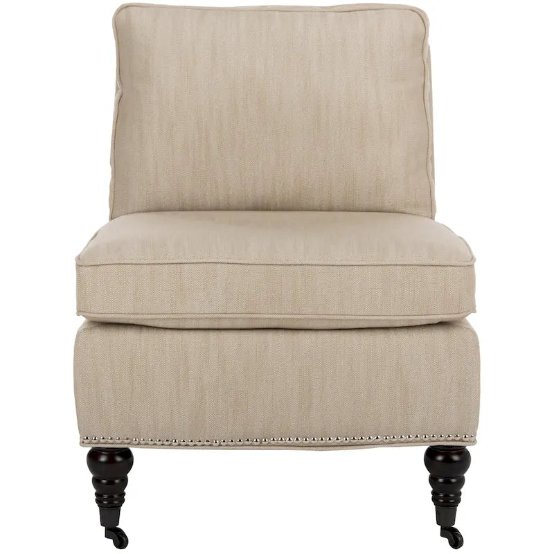 Armless Slipper Club Chair in Striped Linen with Wood Legs