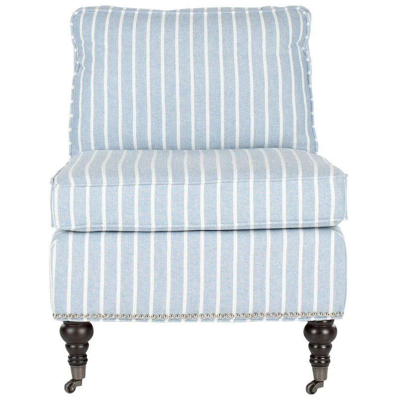 Armless Slipper Club Chair in Striped Linen with Wood Legs