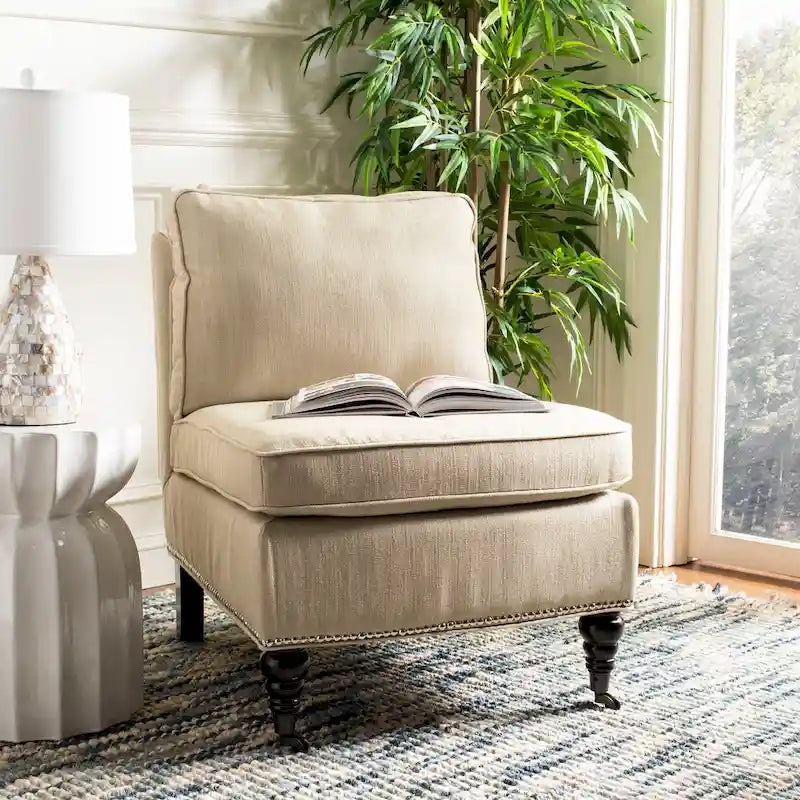 Armless Slipper Club Chair in Striped Linen with Wood Legs