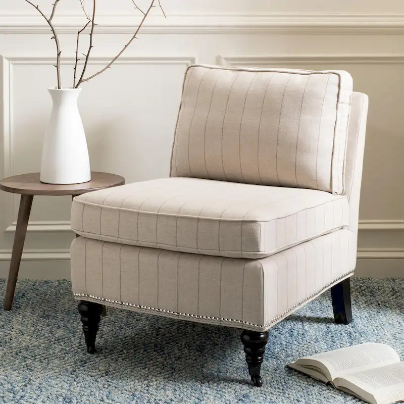 Armless Slipper Club Chair in Striped Linen with Wood Legs