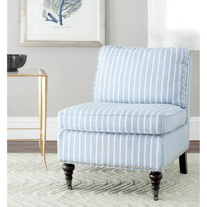 Armless Slipper Club Chair in Striped Linen with Wood Legs