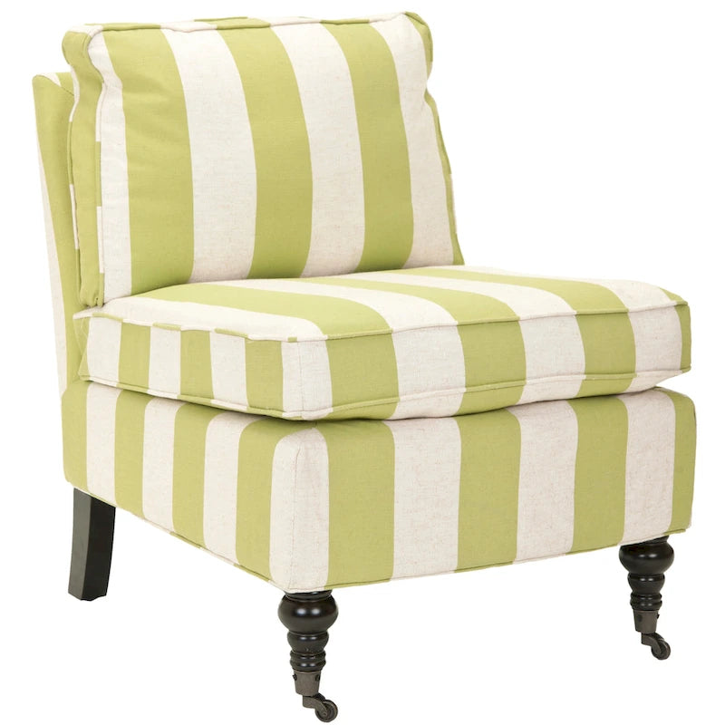 Armless Slipper Club Chair in Striped Linen with Wood Legs