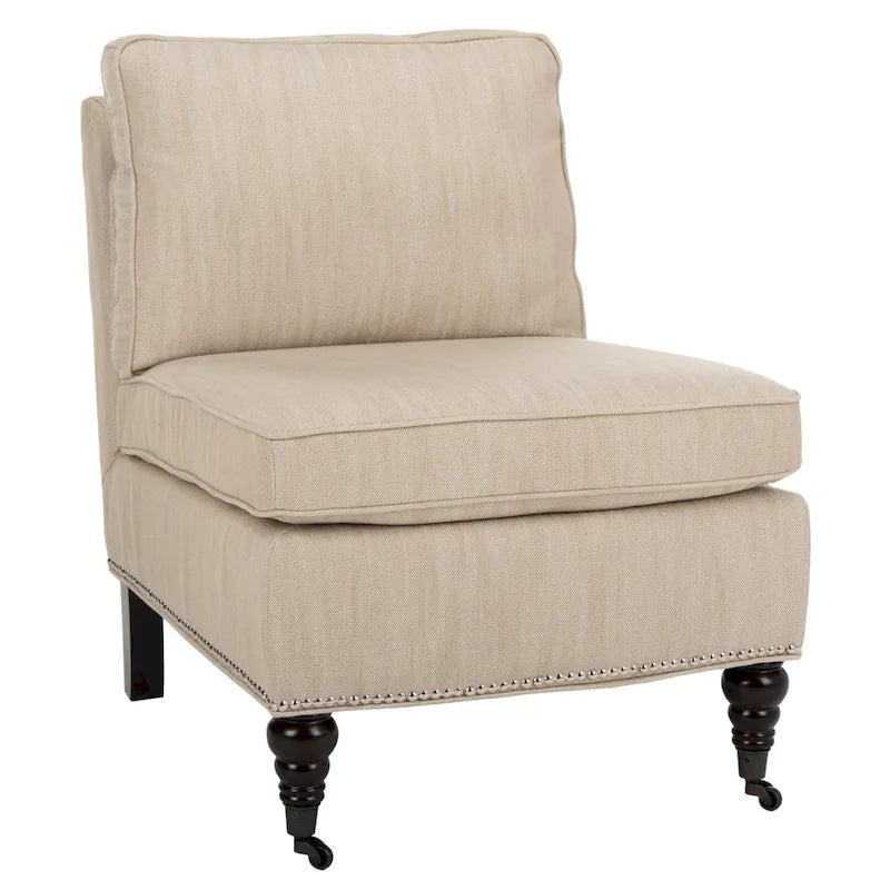 Armless Slipper Club Chair in Striped Linen with Wood Legs
