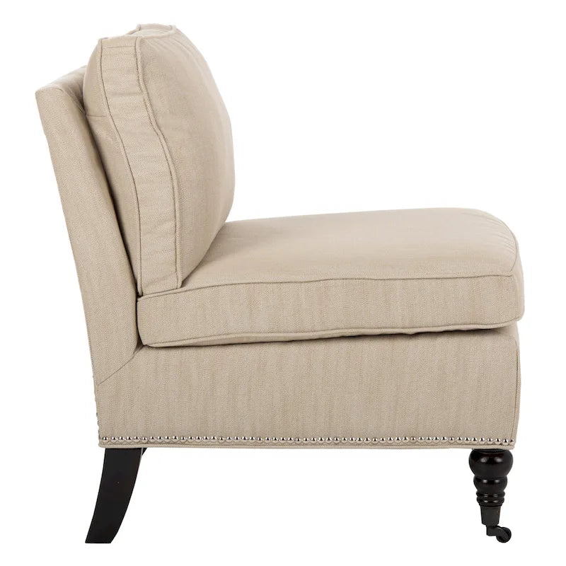 Armless Slipper Club Chair in Striped Linen with Wood Legs
