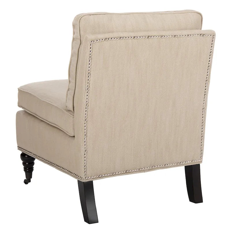 Armless Slipper Club Chair in Striped Linen with Wood Legs