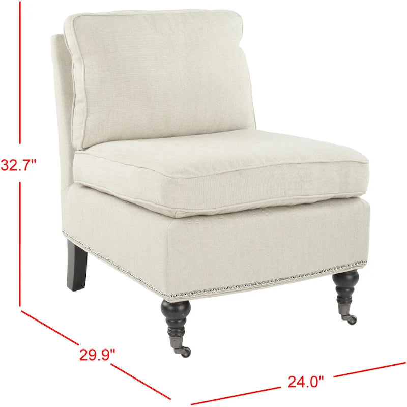 Armless Slipper Club Chair in Striped Linen with Wood Legs