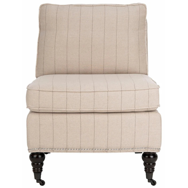 Armless Slipper Club Chair in Striped Linen with Wood Legs
