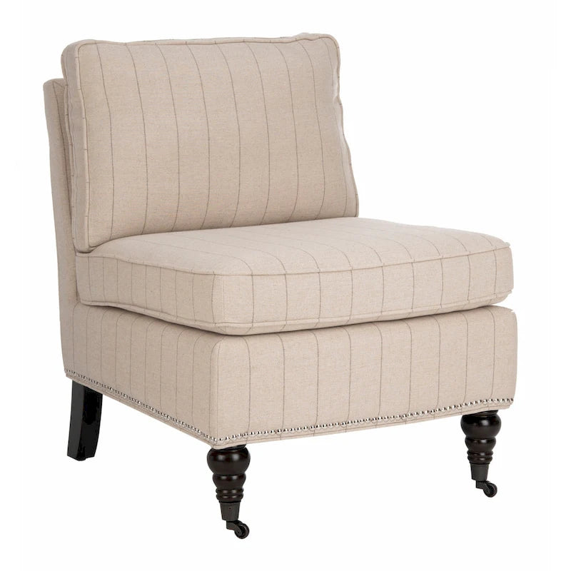 Armless Slipper Club Chair in Striped Linen with Wood Legs