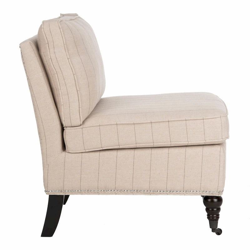 Armless Slipper Club Chair in Striped Linen with Wood Legs