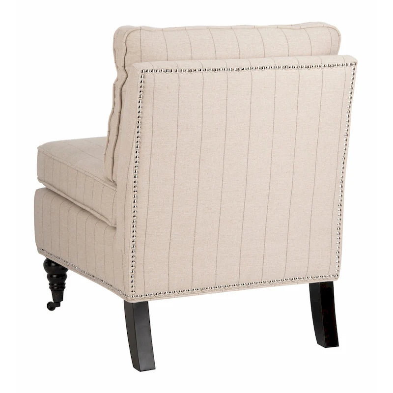 Armless Slipper Club Chair in Striped Linen with Wood Legs