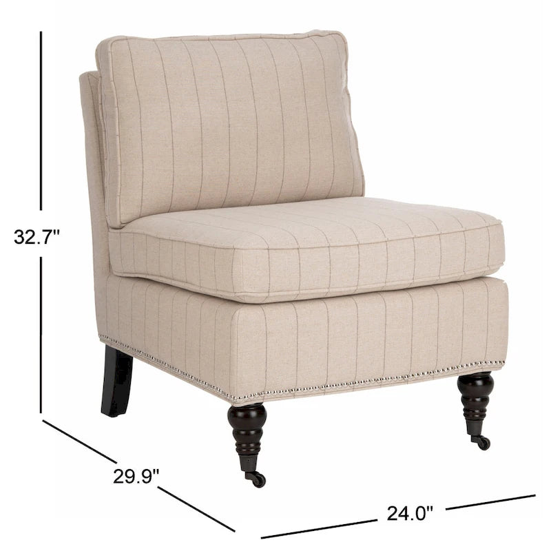 Armless Slipper Club Chair in Striped Linen with Wood Legs