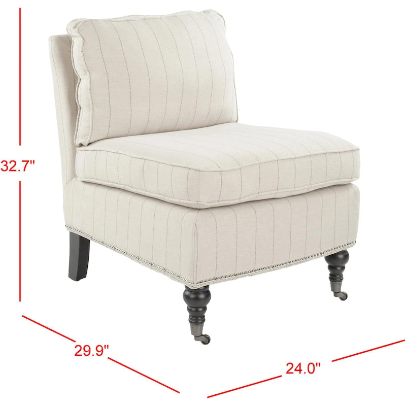 Armless Slipper Club Chair in Striped Linen with Wood Legs