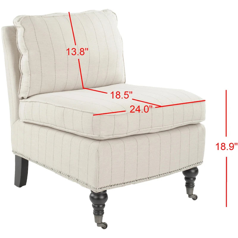 Armless Slipper Club Chair in Striped Linen with Wood Legs