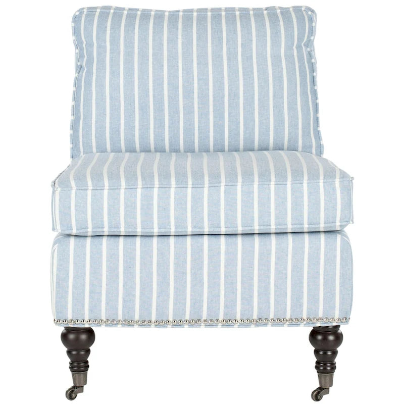 Armless Slipper Club Chair in Striped Linen with Wood Legs