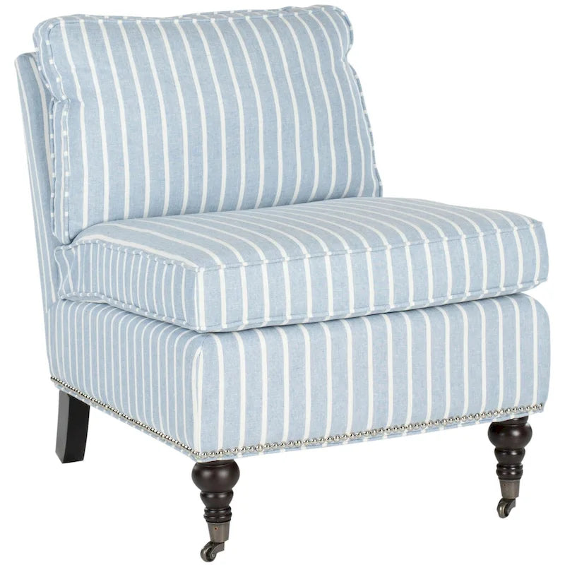 Armless Slipper Club Chair in Striped Linen with Wood Legs