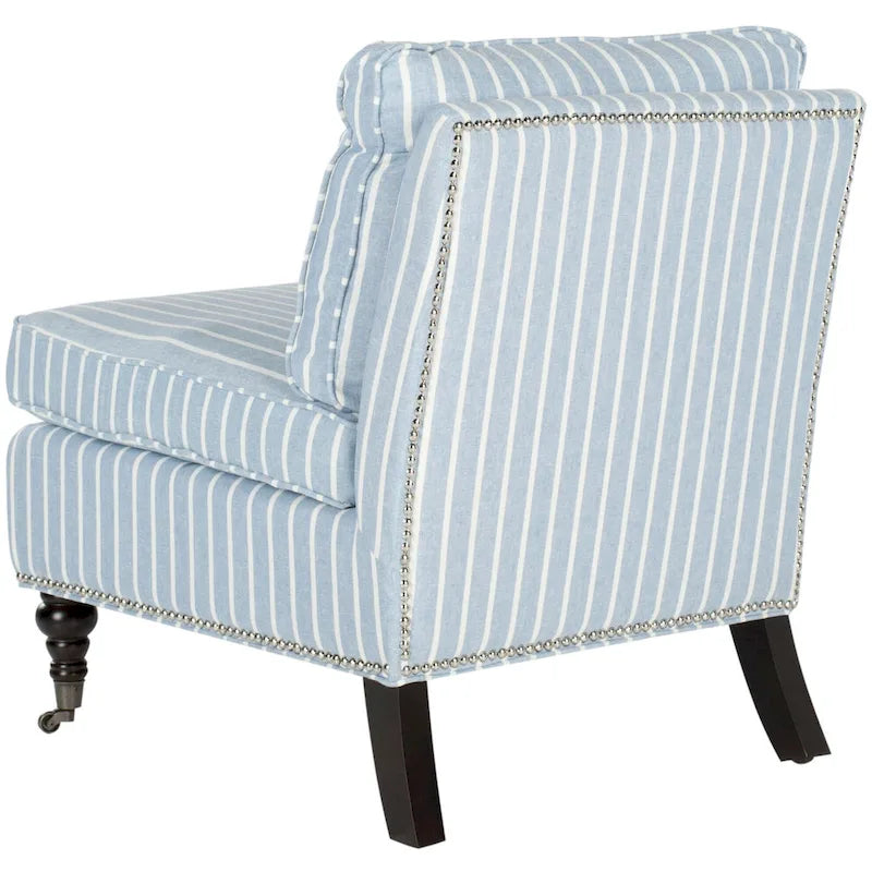 Armless Slipper Club Chair in Striped Linen with Wood Legs
