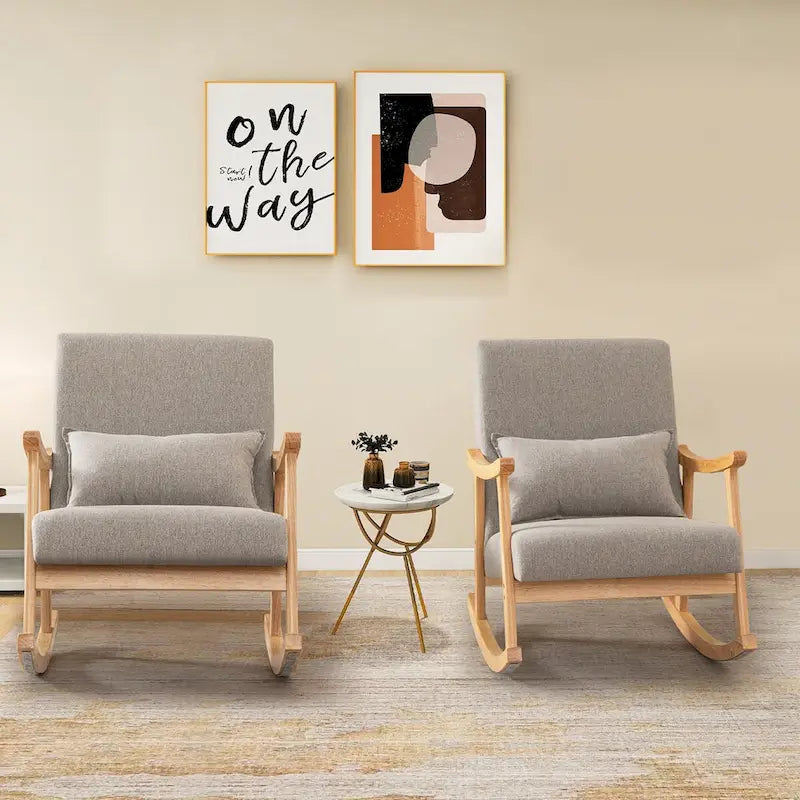 Set of 2 Upholstered Rocking Armchairs with Lumbar Pillow - Gray