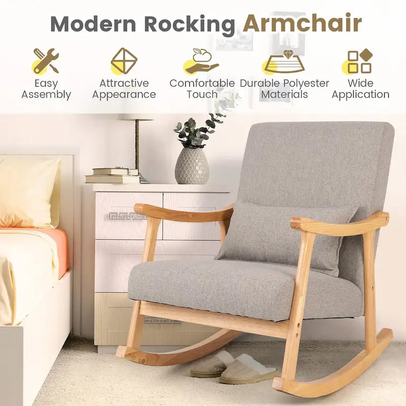 Set of 2 Upholstered Rocking Armchairs with Lumbar Pillow - Gray