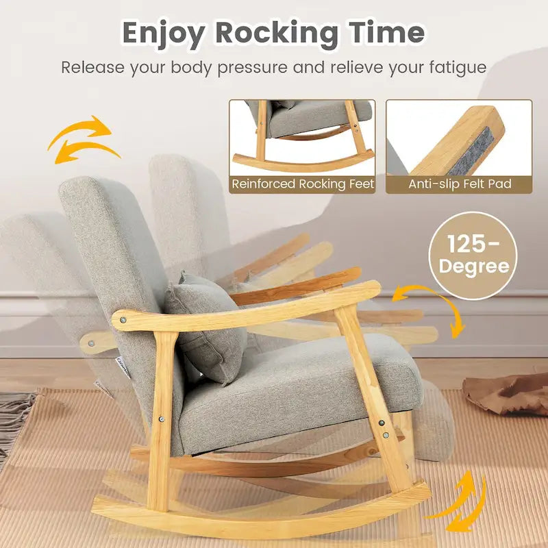 Set of 2 Upholstered Rocking Armchairs with Lumbar Pillow - Gray