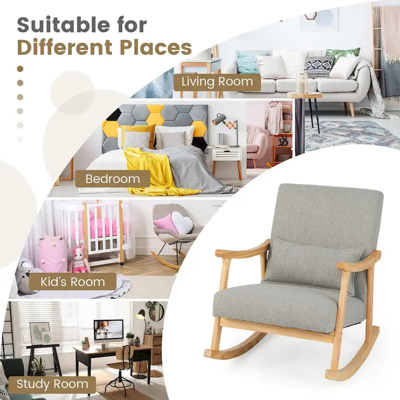 Set of 2 Upholstered Rocking Armchairs with Lumbar Pillow - Gray
