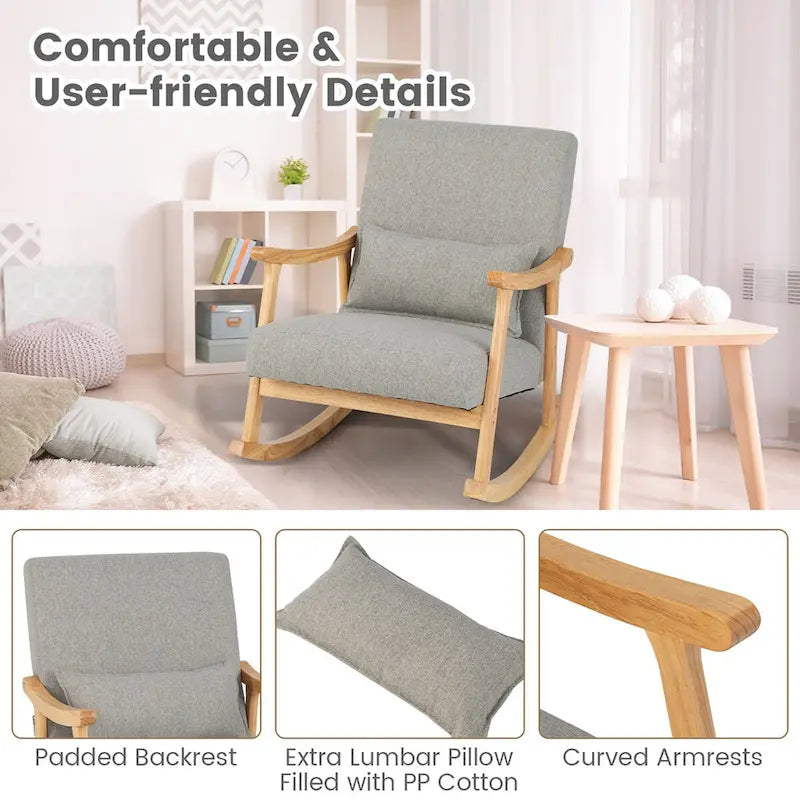 Set of 2 Upholstered Rocking Armchairs with Lumbar Pillow - Gray