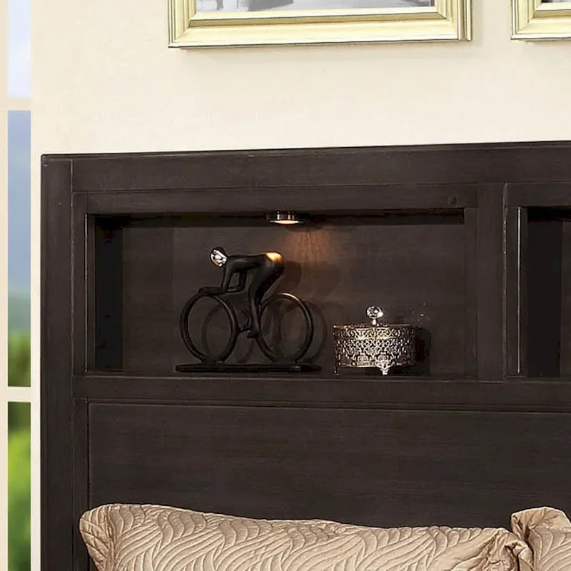 Transitional Storage Bed with LED Headboard Shelves and Drawers