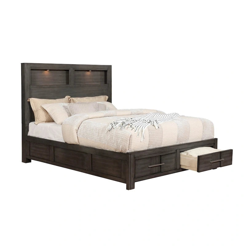 Transitional Storage Bed with LED Headboard Shelves and Drawers
