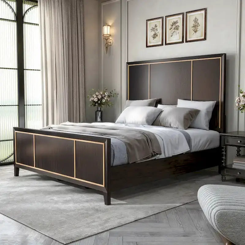 Modern Espresso Solid Wood Panel Bed with Gold Trim