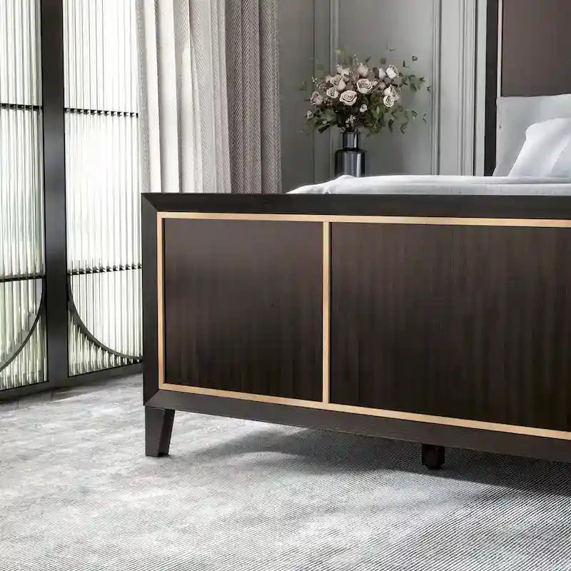 Modern Espresso Solid Wood Panel Bed with Gold Trim