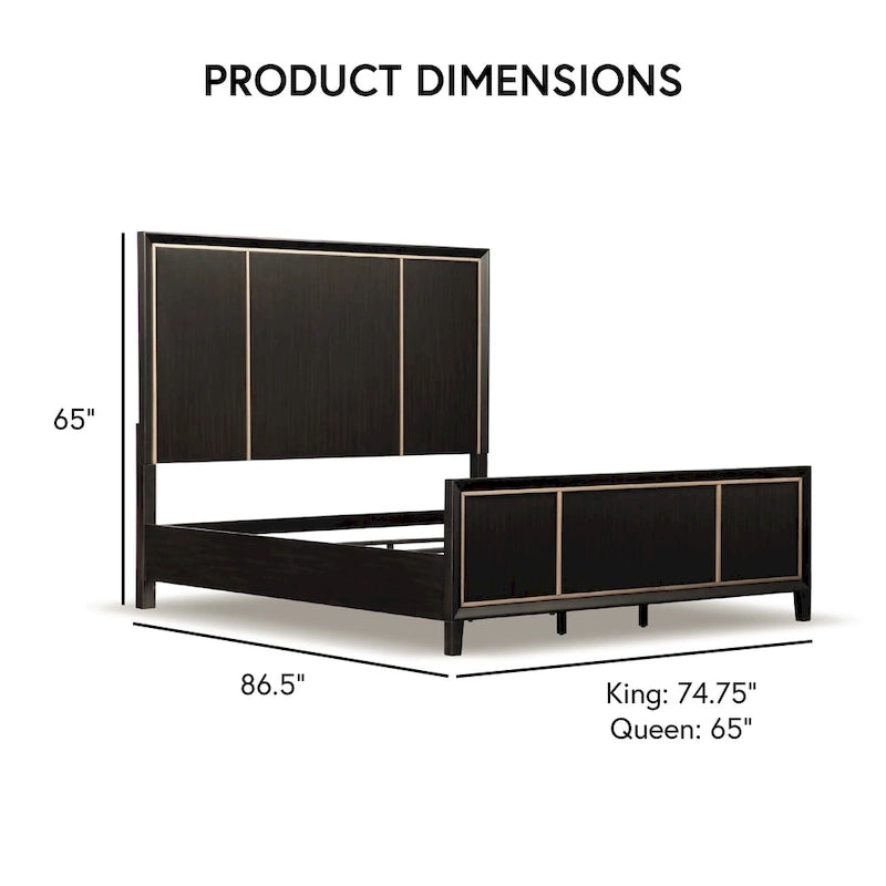 Modern Espresso Solid Wood Panel Bed with Gold Trim