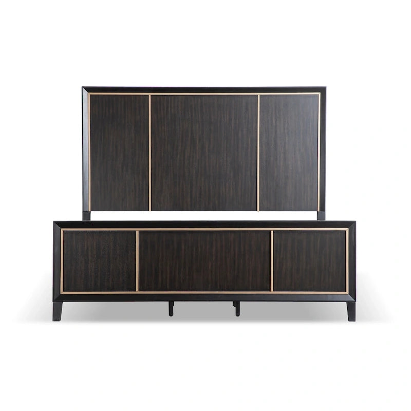 Modern Espresso Solid Wood Panel Bed with Gold Trim