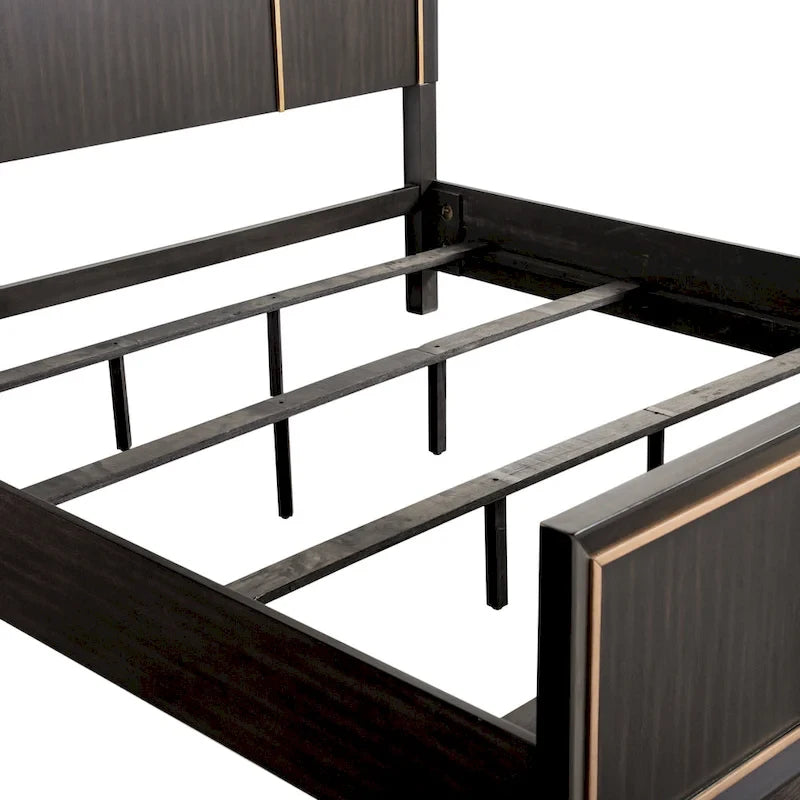 Modern Espresso Solid Wood Panel Bed with Gold Trim