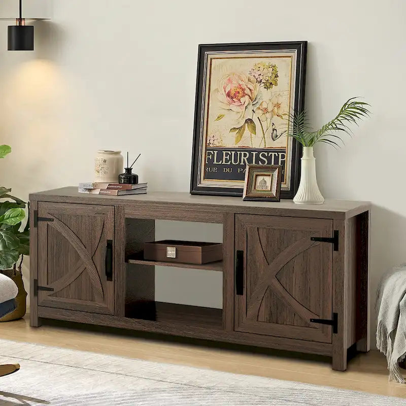 58" Farmhouse Barn Door Storage Console Table and TV Stand
