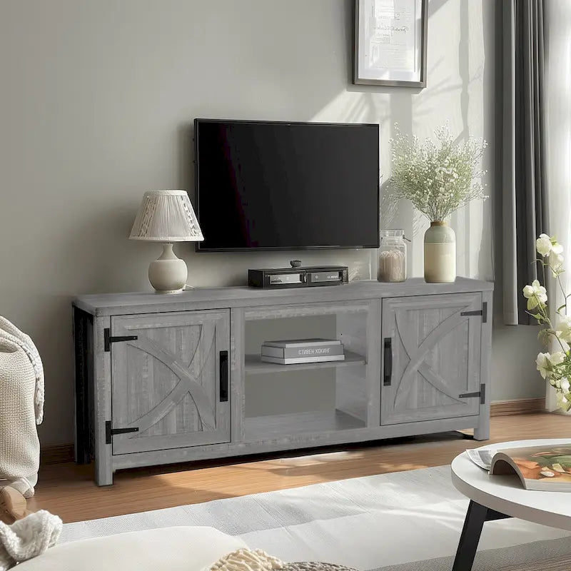 58" Farmhouse Barn Door Storage Console Table and TV Stand