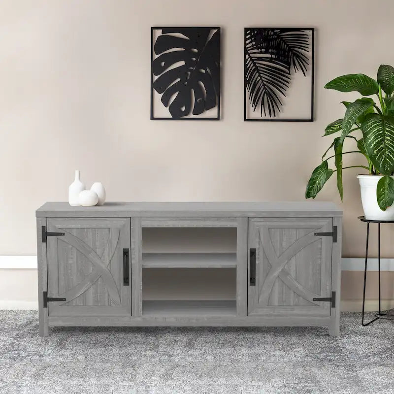 58" Farmhouse Barn Door Storage Console Table and TV Stand