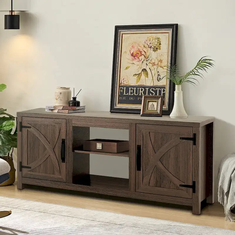 58" Farmhouse Barn Door Storage Console Table and TV Stand