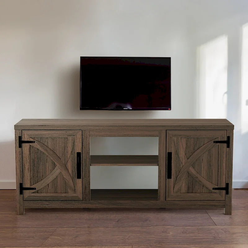 58" Farmhouse Barn Door Storage Console Table and TV Stand