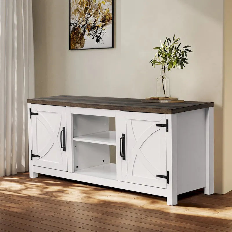 58" Farmhouse Barn Door Storage Console Table and TV Stand