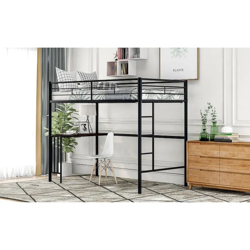 Twin Metal Loft Bed with Desk, Ladder and Guardrails