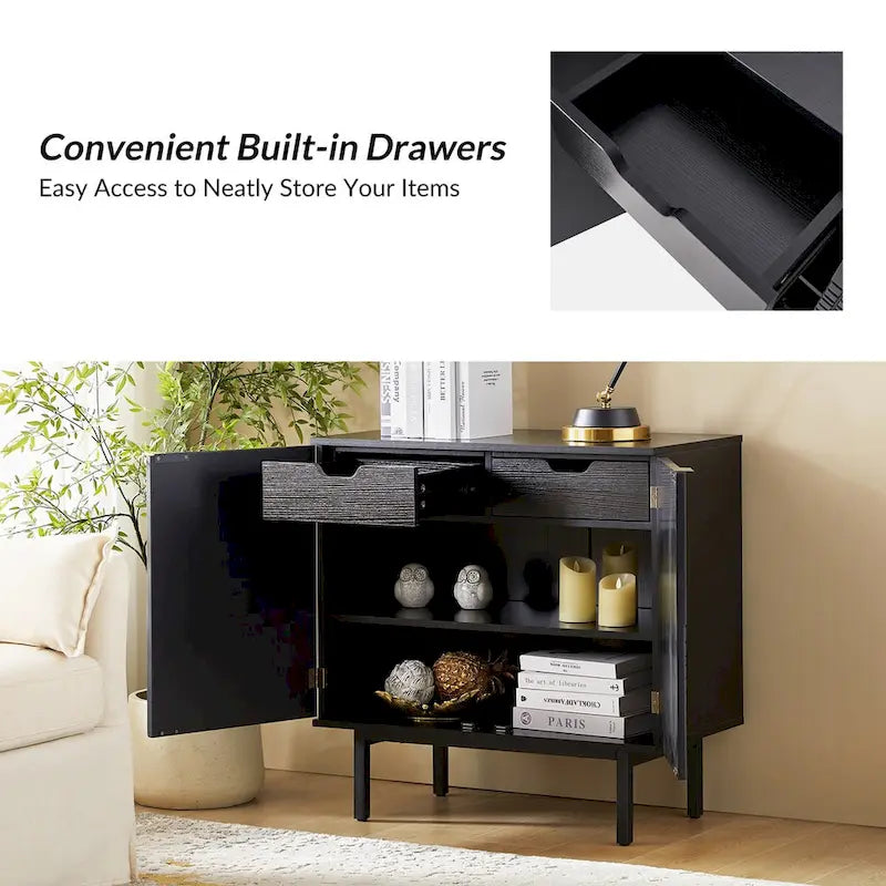 Modern 2-Door Accent Cabinet with Drawers and Metal Legs - Set of 2
