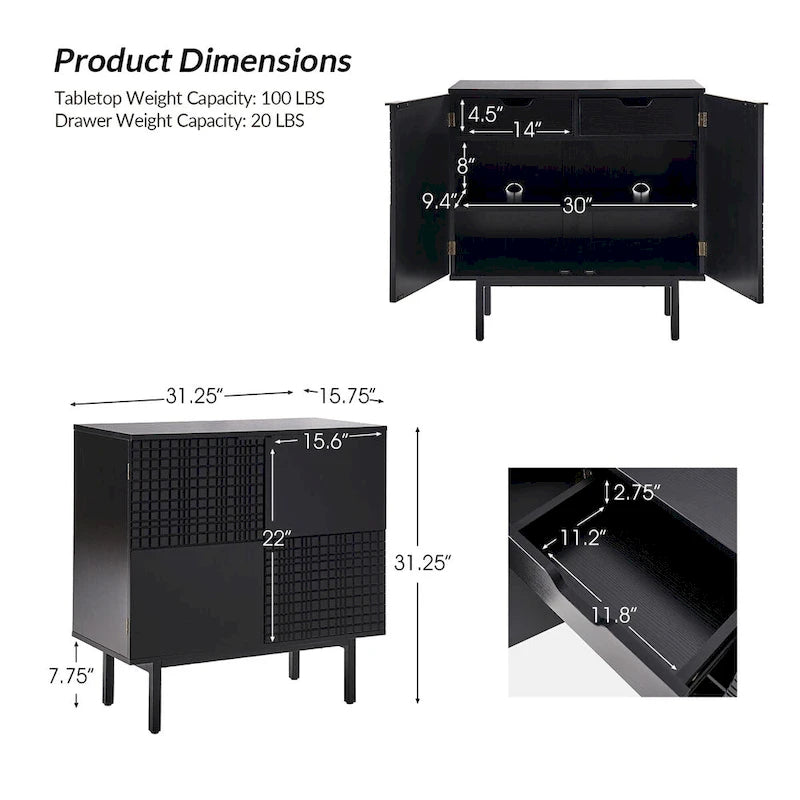 Modern 2-Door Accent Cabinet with Drawers and Metal Legs - Set of 2