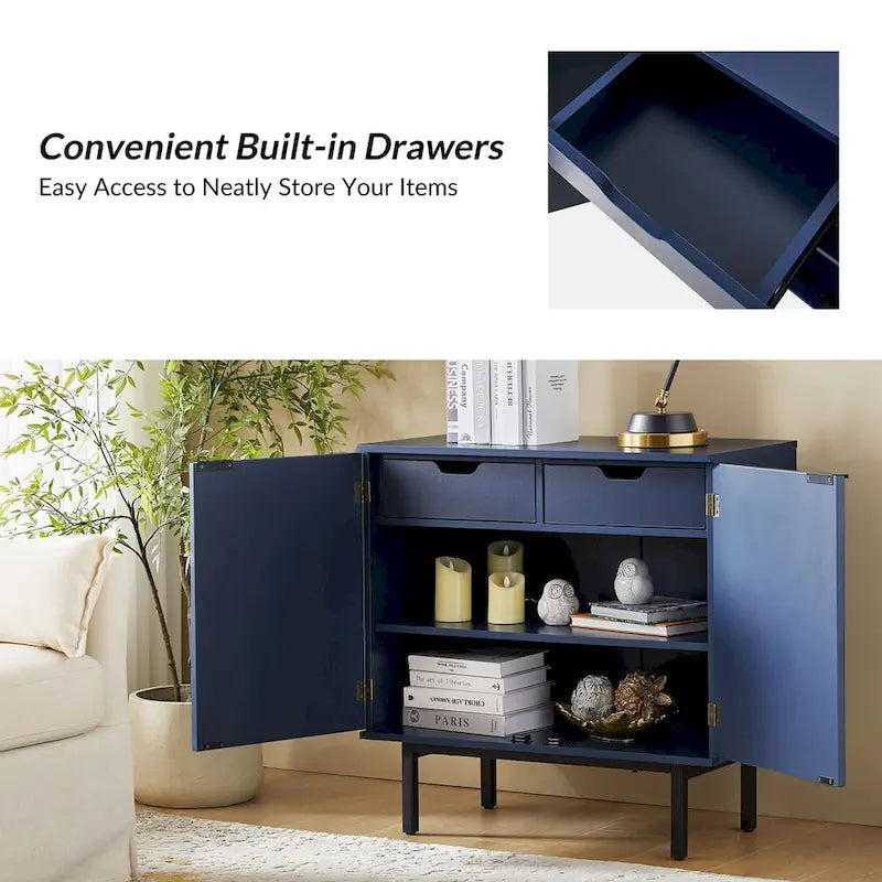 Modern 2-Door Accent Cabinet with Drawers and Metal Legs - Set of 2