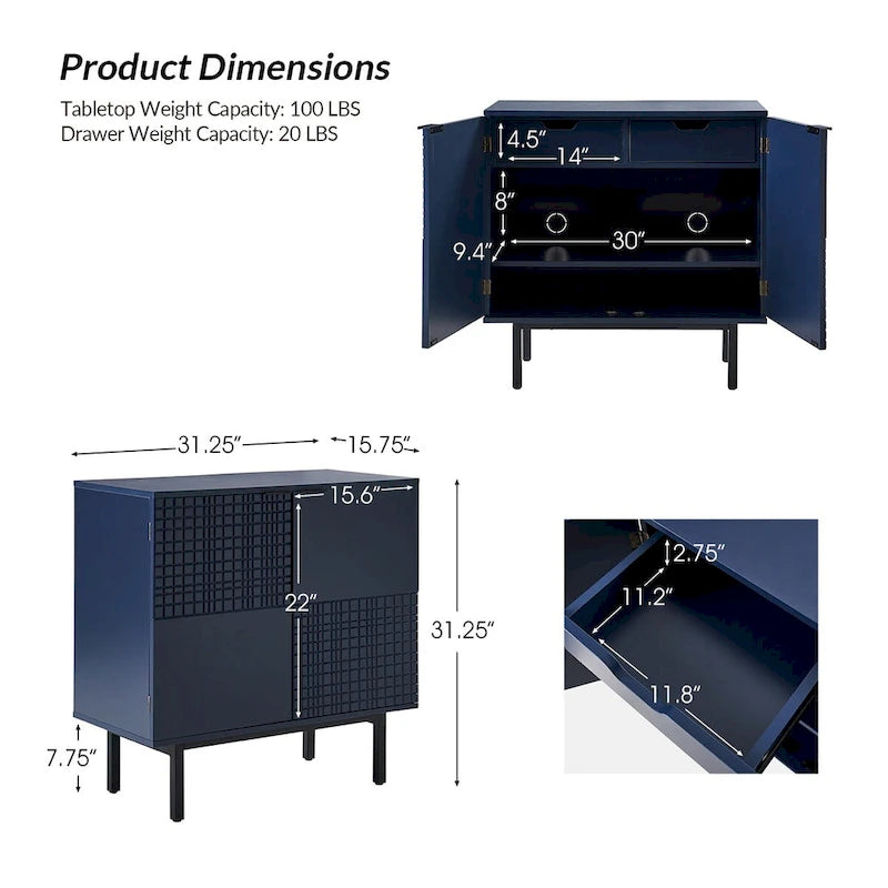 Modern 2-Door Accent Cabinet with Drawers and Metal Legs - Set of 2